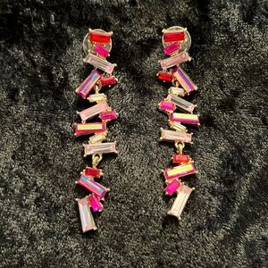 Pierced earrings. 3”. Rose and pink rhinestones